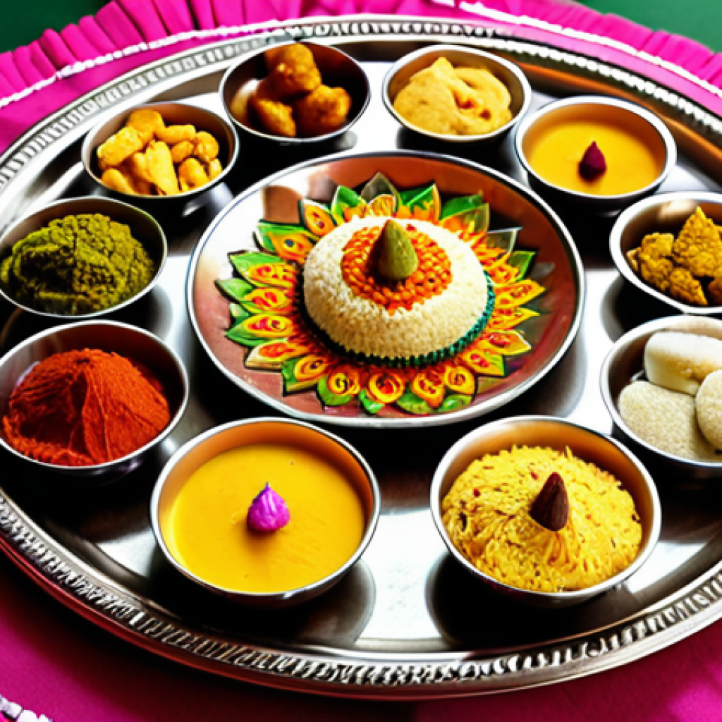 **

Vibrant Rangoli Thali. A large plate decorated with colorful Rangoli designs. Small bowls filled with Indian sweets (mithai) and savory snacks (namkeen) are arranged on the plate. Optional: small diyas (oil lamps) surrounding the plate for added Diwali/festival effect. Focus on bright colors and festive atmosphere.

**