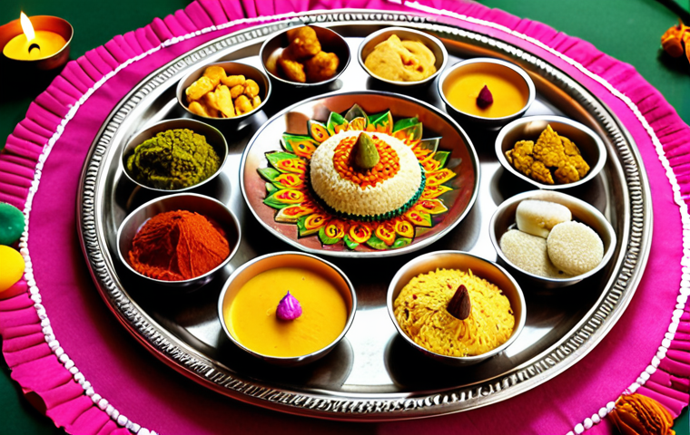 **

Vibrant Rangoli Thali. A large plate decorated with colorful Rangoli designs. Small bowls filled with Indian sweets (mithai) and savory snacks (namkeen) are arranged on the plate. Optional: small diyas (oil lamps) surrounding the plate for added Diwali/festival effect. Focus on bright colors and festive atmosphere.

**
