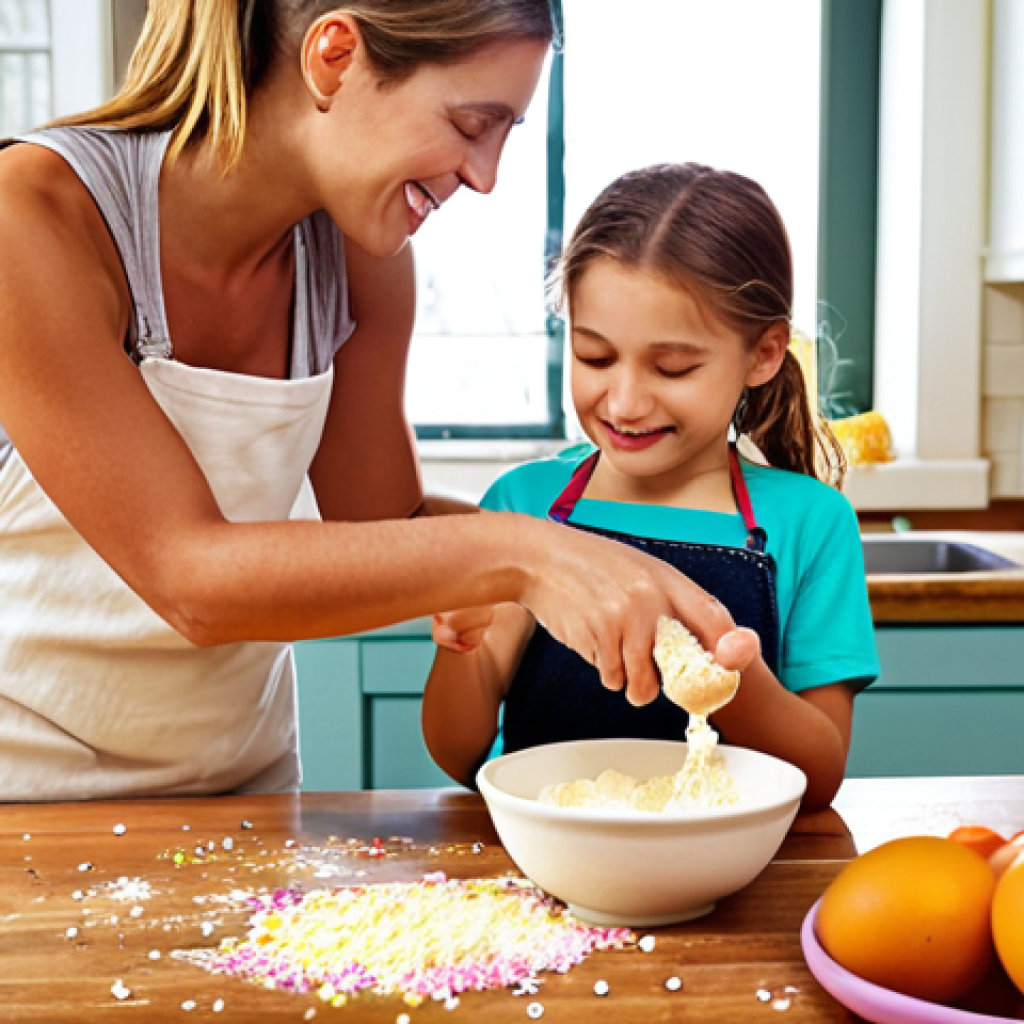 A heartwarming scene in a sun-drenched, cozy kitchen, where a parent and child (around 6-8 years old) are joyfully baking together. The child is happily mixing batter in a bowl, or decorating cookies with colorful sprinkles. Fresh, vibrant ingredients like fruits, eggs, and flour are neatly arranged on a wooden countertop. Nearby, a tray of golden-brown, perfectly baked muffins or cookies rests, emitting a comforting aroma. The atmosphere should convey creativity, love, and the simple pleasure of making something delicious by hand. Soft, natural light illuminates the scene, highlighting the warmth and connection.