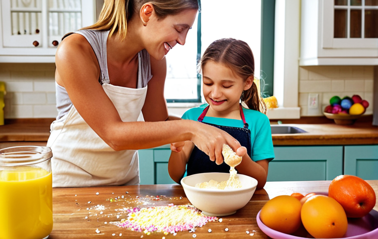 A heartwarming scene in a sun-drenched, cozy kitchen, where a parent and child (around 6-8 years old) are joyfully baking together. The child is happily mixing batter in a bowl, or decorating cookies with colorful sprinkles. Fresh, vibrant ingredients like fruits, eggs, and flour are neatly arranged on a wooden countertop. Nearby, a tray of golden-brown, perfectly baked muffins or cookies rests, emitting a comforting aroma. The atmosphere should convey creativity, love, and the simple pleasure of making something delicious by hand. Soft, natural light illuminates the scene, highlighting the warmth and connection.