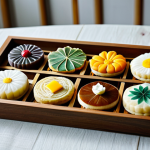 **Prompt:** A meticulously arranged display of traditional Korean Dahkwa (rice cakes and cookies), showcasing intricate flower, leaf, and geometric patterns. The sweets feature subtle, natural pastel colors derived from ingredients like green tea, pumpkin, and cherry, exuding a delicate and artistic aesthetic. They are presented on a rustic wooden tray, softly illuminated by natural light, creating a serene and inviting atmosphere. Professional food photography, high detail, exquisite presentation, realistic, safe for work, appropriate content, fully clothed, professional.