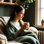 A woman in her early 30s, wearing comfortable and modest loungewear, is sitting peacefully in a sunlit corner transformed into a cozy home cafe. She holds a warm ceramic mug, gazing thoughtfully out of the window. The space features lush green houseplants, a soft throw blanket on a comfortable armchair, and a small wooden side table with an open book and a simple homemade muffin. Subtle fairy lights create a warm glow in the background. Professional photography, soft natural light, warm color grading, perfect anatomy, correct proportions, well-formed hands, natural pose, high quality, high resolution. safe for work, appropriate content, fully clothed, modest, family-friendly.