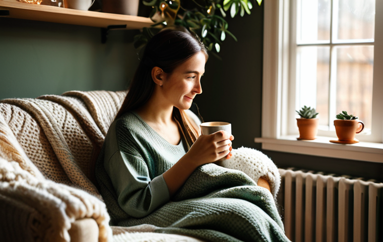A woman in her early 30s, wearing comfortable and modest loungewear, is sitting peacefully in a sunlit corner transformed into a cozy home cafe. She holds a warm ceramic mug, gazing thoughtfully out of the window. The space features lush green houseplants, a soft throw blanket on a comfortable armchair, and a small wooden side table with an open book and a simple homemade muffin. Subtle fairy lights create a warm glow in the background. Professional photography, soft natural light, warm color grading, perfect anatomy, correct proportions, well-formed hands, natural pose, high quality, high resolution. safe for work, appropriate content, fully clothed, modest, family-friendly.