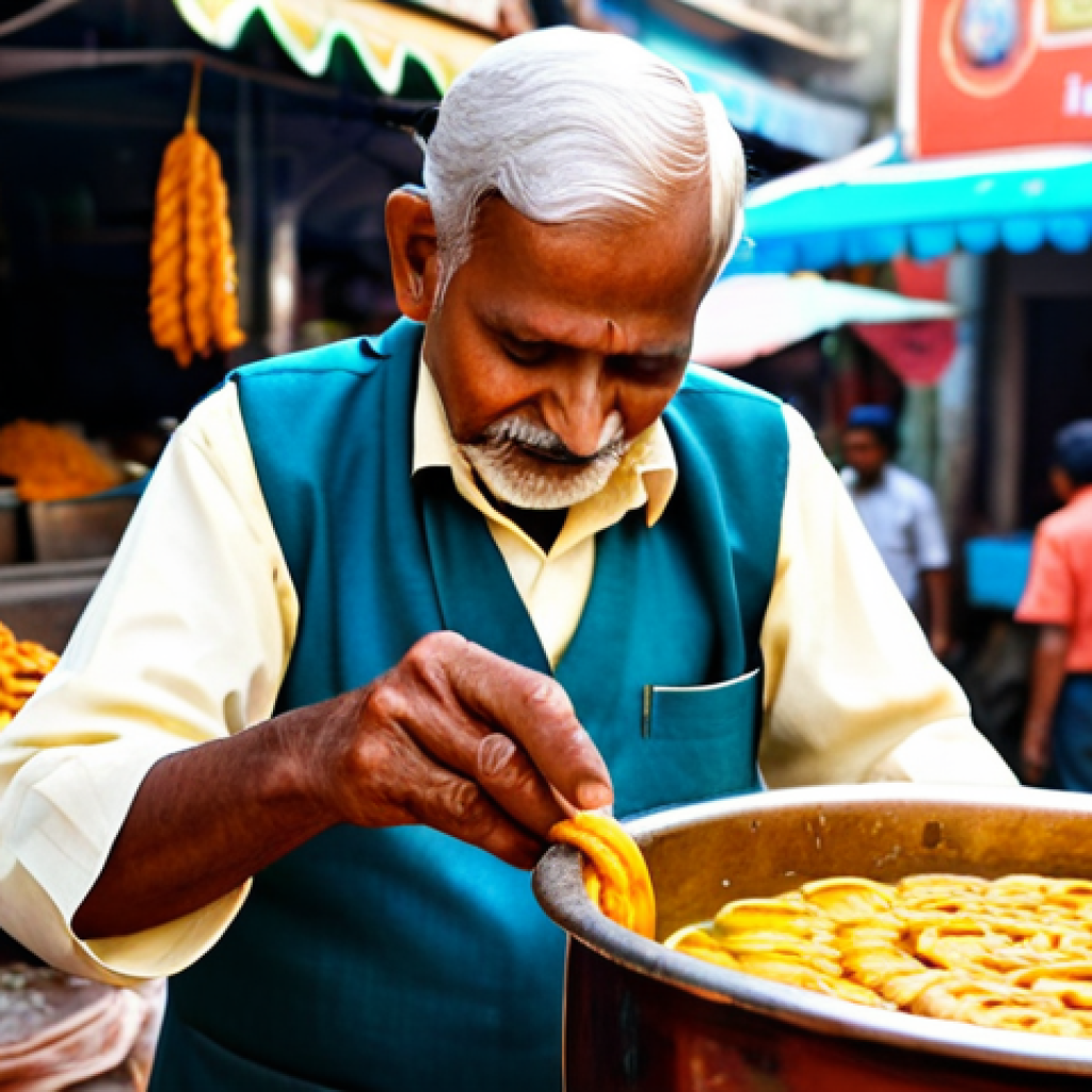 A skilled, elderly Indian street food vendor, fully clothed in modest, clean traditional attire, meticulously preparing fresh, hot Jalebi (Indian sweet pretzel) at a well-maintained stall. The vendor has well-formed hands and natural body proportions, expertly pouring the batter into hot oil. Golden-orange jalebis are visible, glistening in syrup. The background shows a bustling traditional Indian market street with colorful shops and blurred figures, suggesting a lively atmosphere. Warm lighting from the stall illuminates the scene. Professional photography, high quality, perfect anatomy, correct proportions, natural pose, well-formed hands, proper finger count. safe for work, appropriate content, fully clothed, modest clothing, family-friendly.