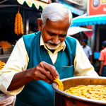 A skilled, elderly Indian street food vendor, fully clothed in modest, clean traditional attire, meticulously preparing fresh, hot Jalebi (Indian sweet pretzel) at a well-maintained stall. The vendor has well-formed hands and natural body proportions, expertly pouring the batter into hot oil. Golden-orange jalebis are visible, glistening in syrup. The background shows a bustling traditional Indian market street with colorful shops and blurred figures, suggesting a lively atmosphere. Warm lighting from the stall illuminates the scene. Professional photography, high quality, perfect anatomy, correct proportions, natural pose, well-formed hands, proper finger count. safe for work, appropriate content, fully clothed, modest clothing, family-friendly.
