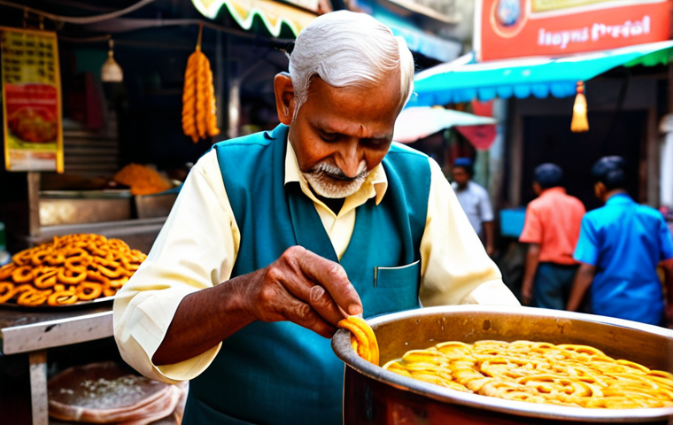 A skilled, elderly Indian street food vendor, fully clothed in modest, clean traditional attire, meticulously preparing fresh, hot Jalebi (Indian sweet pretzel) at a well-maintained stall. The vendor has well-formed hands and natural body proportions, expertly pouring the batter into hot oil. Golden-orange jalebis are visible, glistening in syrup. The background shows a bustling traditional Indian market street with colorful shops and blurred figures, suggesting a lively atmosphere. Warm lighting from the stall illuminates the scene. Professional photography, high quality, perfect anatomy, correct proportions, natural pose, well-formed hands, proper finger count. safe for work, appropriate content, fully clothed, modest clothing, family-friendly.