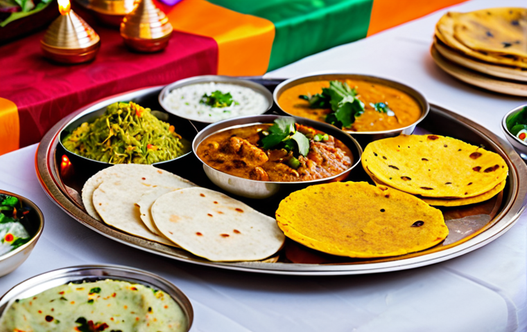 Festive Thali**
"A vibrant and colorful Indian Thali featuring various vegetarian dishes like dal, vegetables, rice, roti, raita, and sweets. The Thali is placed on a decorated table with Diwali lights in the background. Safe for work, appropriate content, fully clothed setting, professional food photography, family-friendly."
**