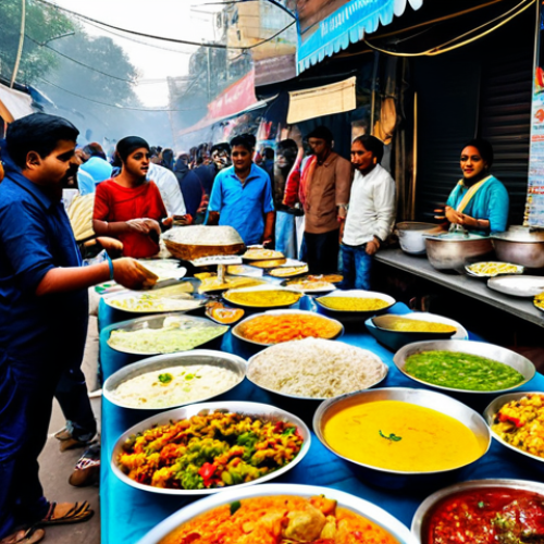 **

"A vibrant street food festival in Delhi, India. People are enjoying a variety of colorful and delicious-looking foods from different vendors. Focus on the diverse crowd, the appetizing dishes, and the lively atmosphere.  Fully clothed, appropriate content, safe for work, professional photography, high quality, perfect anatomy, natural proportions, modest attire."

**
