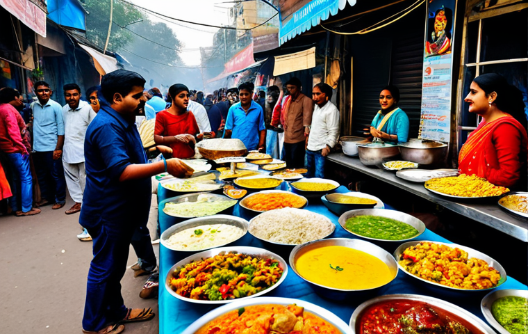 **
"A vibrant street food festival in Delhi, India. People are enjoying a variety of colorful and delicious-looking foods from different vendors. Focus on the diverse crowd, the appetizing dishes, and the lively atmosphere. Fully clothed, appropriate content, safe for work, professional photography, high quality, perfect anatomy, natural proportions, modest attire."
**
