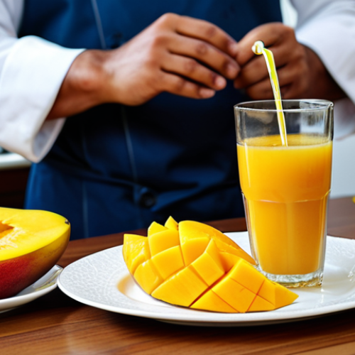 Mango Delight**

A professional food photography shot of a beautifully arranged plate featuring ripe mango slices, fully clothed chef in the background preparing mango juice, professional attire, safe for work, appropriate content, family-friendly, perfect anatomy, correct proportions, natural lighting, high resolution.

**