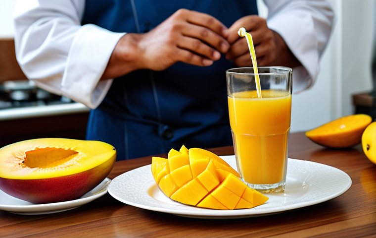 Mango Delight**
A professional food photography shot of a beautifully arranged plate featuring ripe mango slices, fully clothed chef in the background preparing mango juice, professional attire, safe for work, appropriate content, family-friendly, perfect anatomy, correct proportions, natural lighting, high resolution.
**