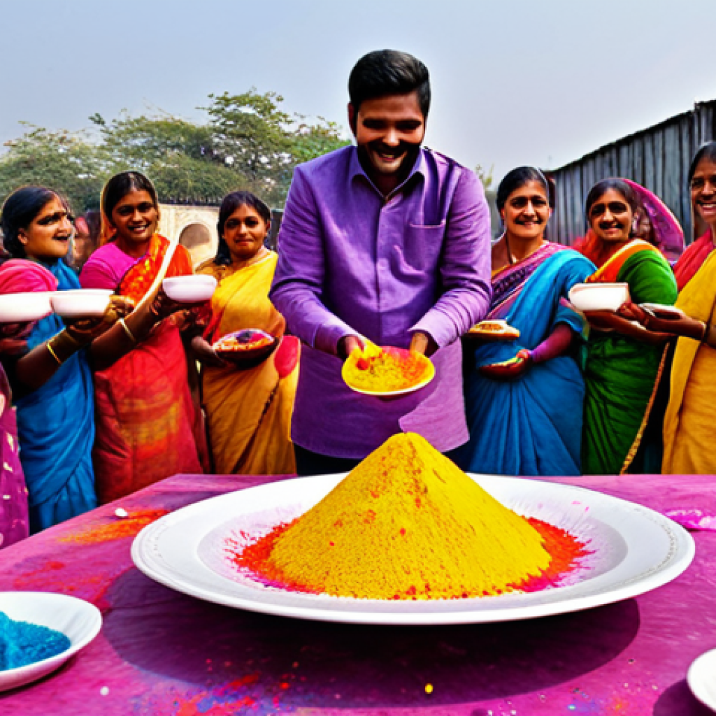 다과와 전통공예 - **Prompt:** A vibrant Holi celebration scene, featuring people in fully clothed, modest attire throw...