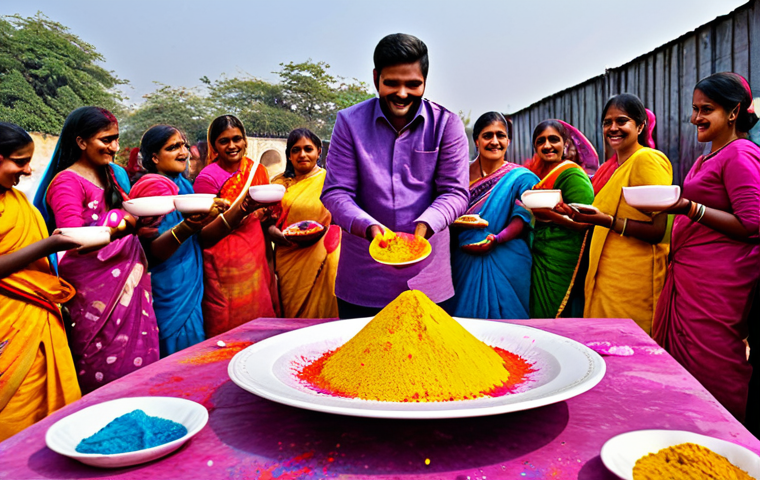 다과와 전통공예 - **Prompt:** A vibrant Holi celebration scene, featuring people in fully clothed, modest attire throw...