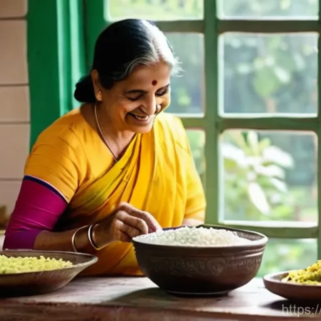 다과와 전통 발효 디저트 - **Prompt:** A heartwarming scene in a brightly lit, traditional Indian kitchen. A loving grandmother...