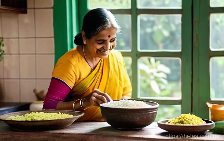 다과와 전통 발효 디저트 - **Prompt:** A heartwarming scene in a brightly lit, traditional Indian kitchen. A loving grandmother...
