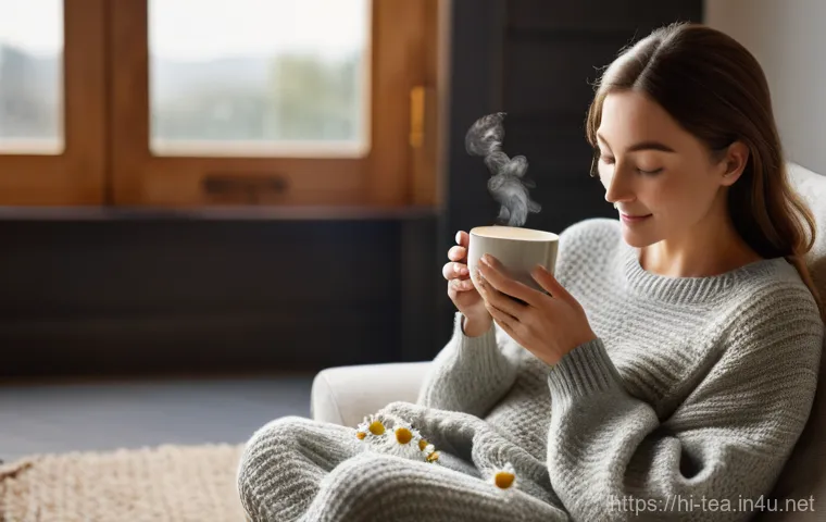 다과와 허브차 - Image Prompt 1: Cozy Evening Relaxation with Chamomile Tea**