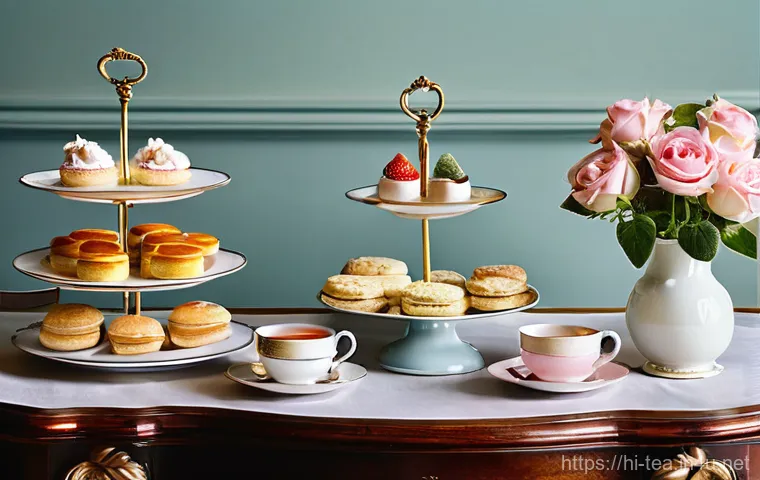 영국 애프터눈티 - **Prompt:** A classic, elegant British afternoon tea spread laid out on a polished mahogany table. T...