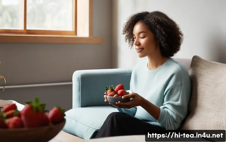 다과와 힐링푸드 - **Prompt 1: Mindful Indulgence for Mood Boost**
"A diverse woman, in her late 20s to early 30s, ...