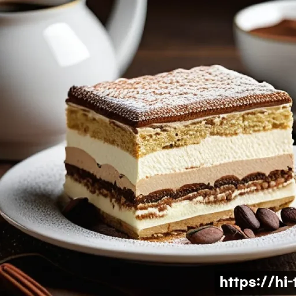 다과와 이탈리아 디저트 - A beautifully layered Tiramisu dessert served on an elegant white porcelain plate, featuring delicat...