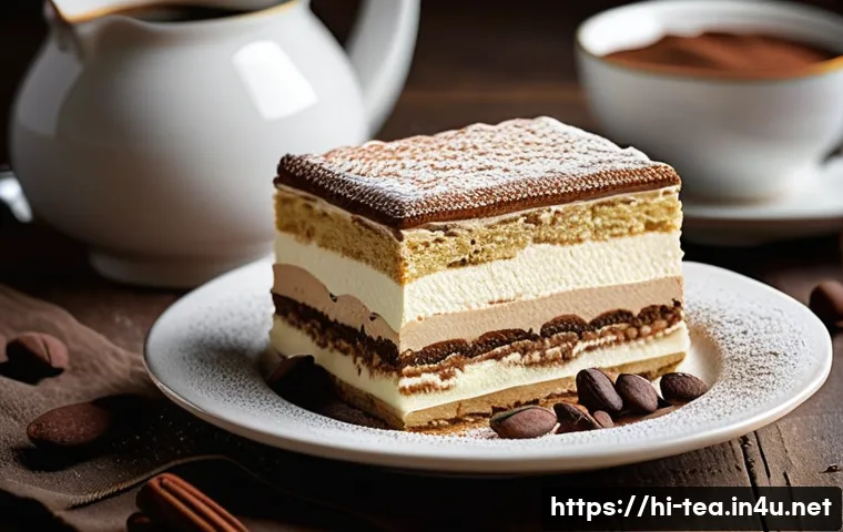 다과와 이탈리아 디저트 - A beautifully layered Tiramisu dessert served on an elegant white porcelain plate, featuring delicat...
