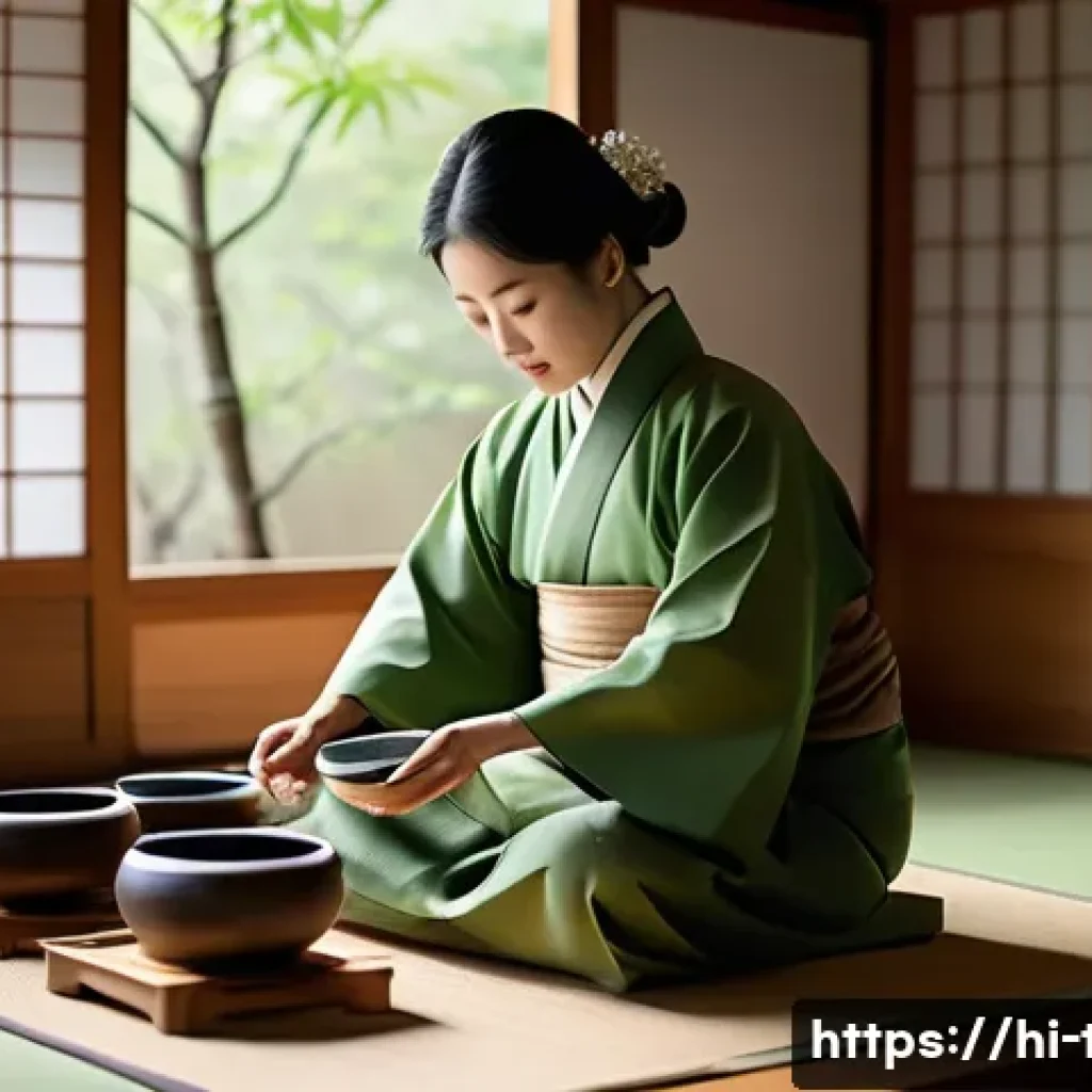 다과와 한복 문화 - A serene Korean tea ceremony scene in a traditional wooden room with soft natural light filtering th...