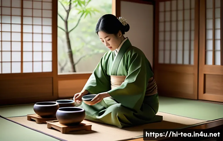 다과와 한복 문화 - A serene Korean tea ceremony scene in a traditional wooden room with soft natural light filtering th...