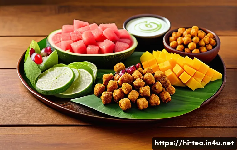 다과 플래터 구성법 - A vibrant party platter showcasing a harmonious blend of colors and textures inspired by Indian fest...