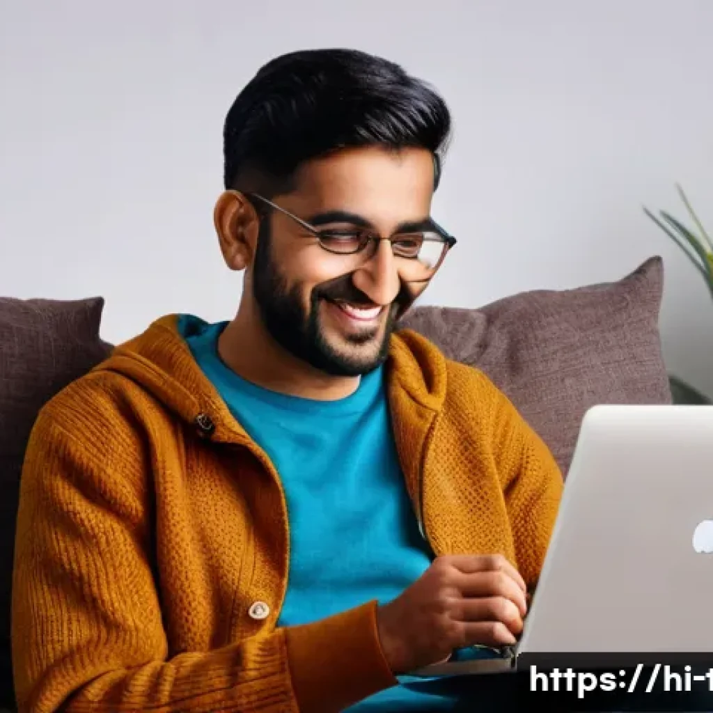다과와 유튜브 콘텐츠 - A cozy indoor scene featuring a young Indian adult enjoying a YouTube comedy video on a laptop, sitt...