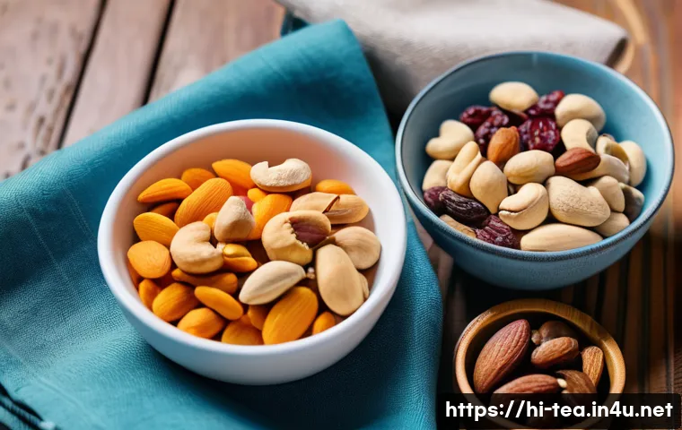 다과와 여행 - A vibrant travel snack scene featuring a rustic wooden table with a colorful assortment of healthy d...