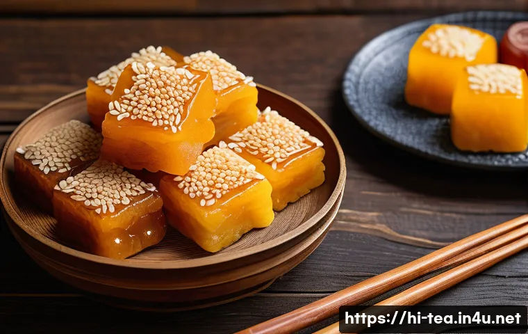 한국 전통 다과 - A vibrant and detailed close-up of traditional Korean sweets ("yakkwa" and "tok") displayed elegantl...
