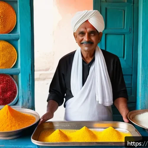 전통 다과 명인 인터뷰 - A vibrant Indian sweet shop scene showcasing a traditional Maharathi (sweet master) carefully prepar...