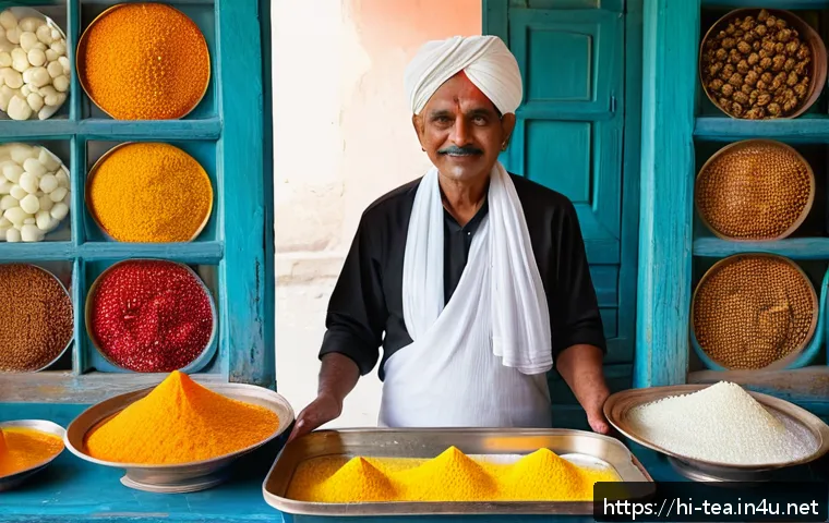전통 다과 명인 인터뷰 - A vibrant Indian sweet shop scene showcasing a traditional Maharathi (sweet master) carefully prepar...