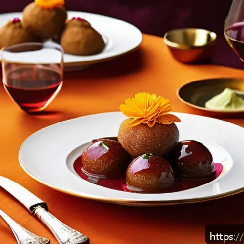 다과와 전통주 페어링 - A sophisticated dining table setting featuring traditional Indian sweets like gulab jamun and carrot...