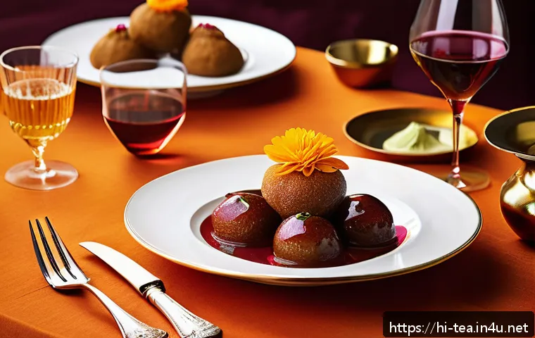 다과와 전통주 페어링 - A sophisticated dining table setting featuring traditional Indian sweets like gulab jamun and carrot...