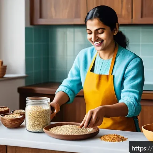 다과와 슈가프리 스낵 - A vibrant and inviting kitchen scene featuring a person preparing homemade sugar-free snack bars usi...