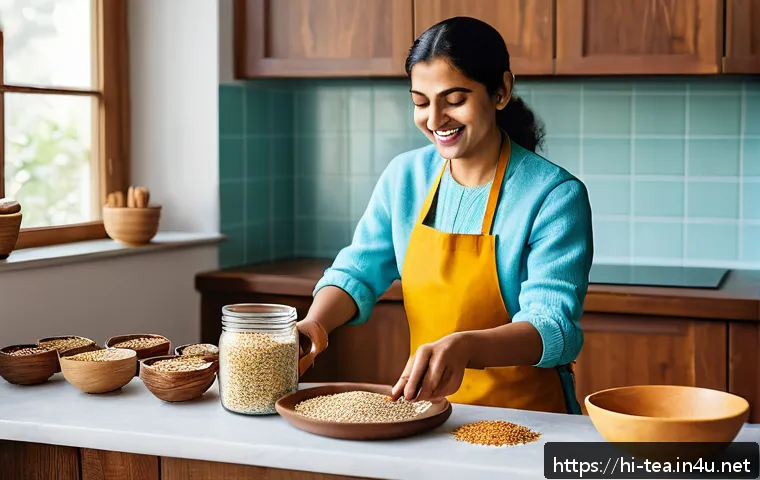 다과와 슈가프리 스낵 - A vibrant and inviting kitchen scene featuring a person preparing homemade sugar-free snack bars usi...