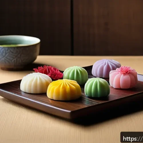 일본 와가시 문화 - A delicate assortment of traditional Wagashi sweets arranged on a minimalist Japanese ceramic plate,...