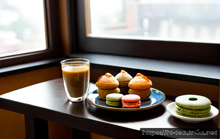 다과와 글로벌 디저트 트렌드 - Photorealistic elegant afternoon tea table featuring Indian masala chai in a clear glass cup, delica...